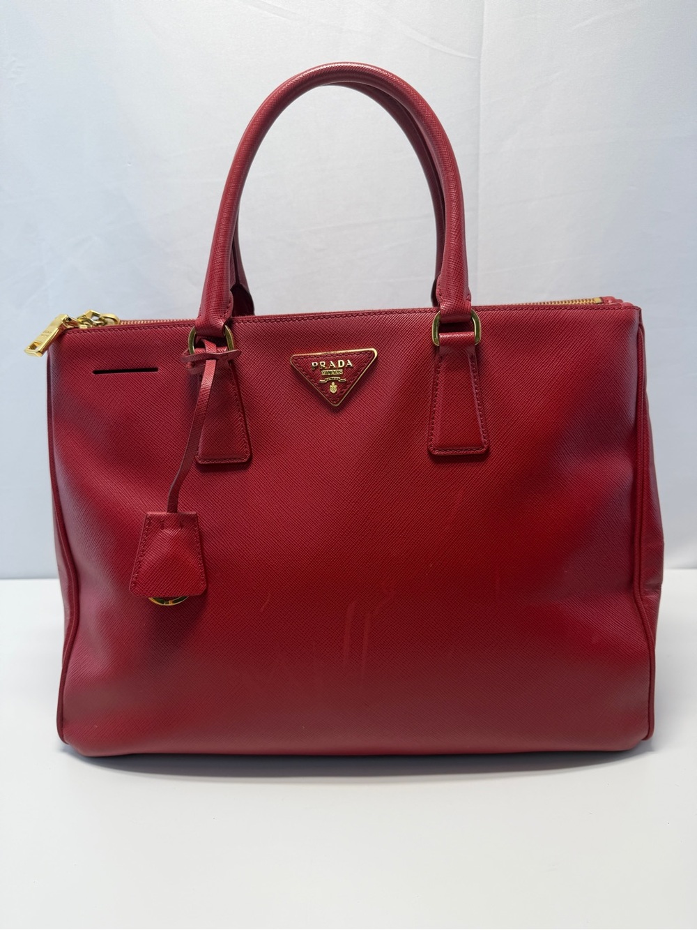 Prada Red Saffiano Leather Top-Handle Tote with Gold Hardware